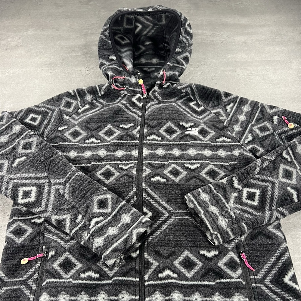 New Balance Jacket Women L Black Gray Aztec Fleece Tech Gorpcore Full Zip Up